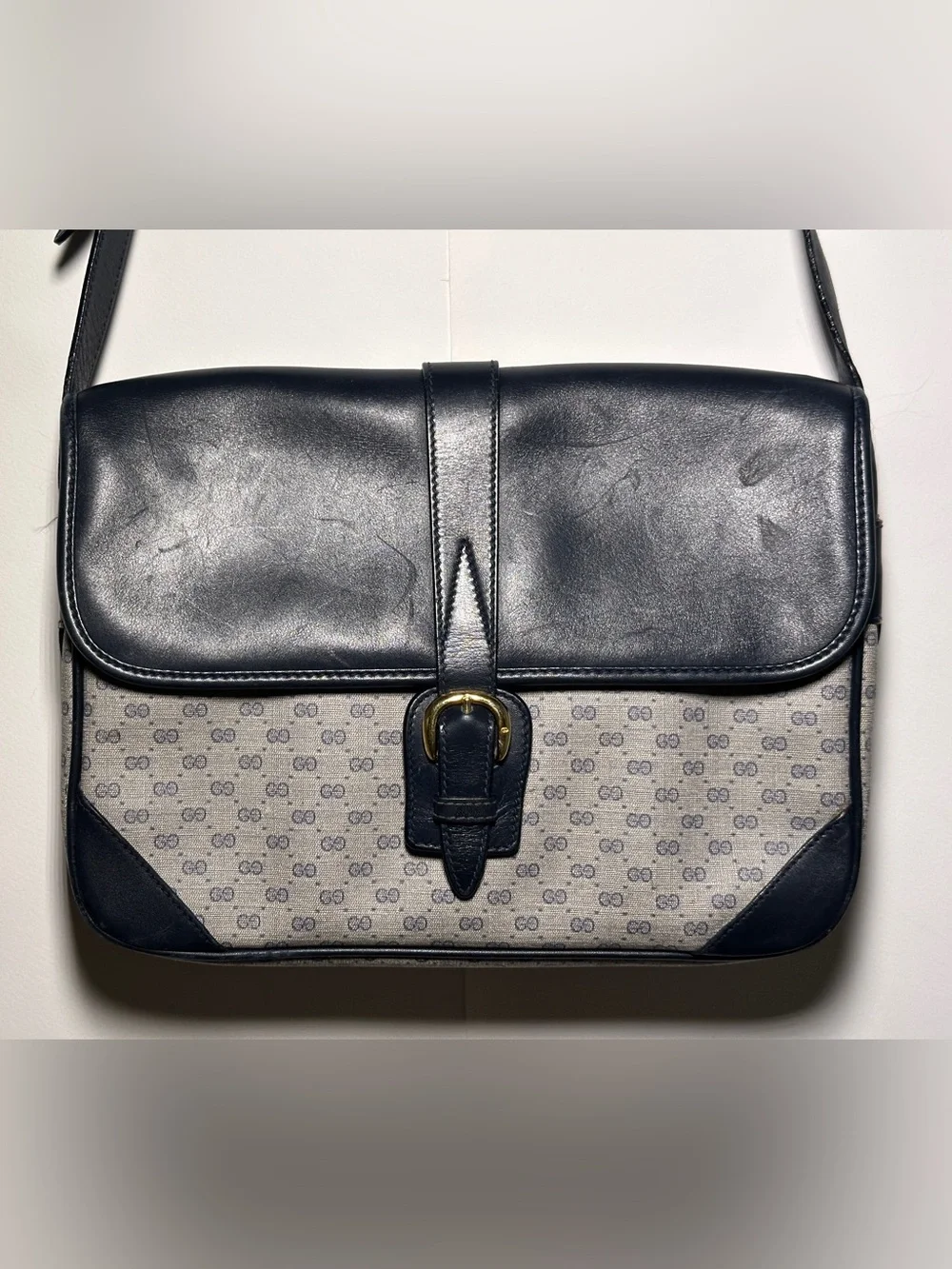 Vintage Gucci Navy Blue Leather  GG Canvas Shoulder Bag